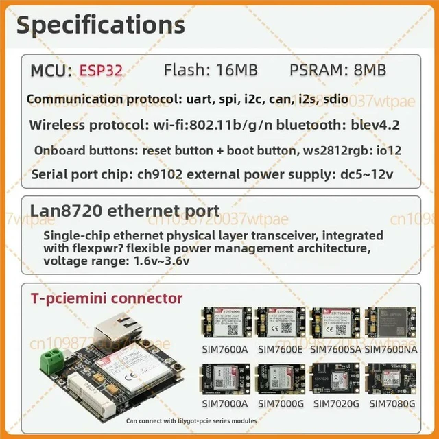 Alt view image 3 of 6 - For LILYGO TTGO TInternetCOM ESP32 LAN8720 Development Board for TPCIE SIMCOM Module