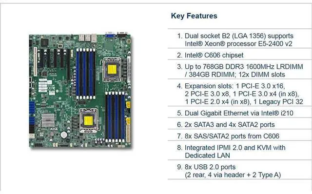 Alt view image 3 of 3 - X9DB3-F For Server Motherboard LGA 1356 Support C606 DDR3 Xeon Processor E5-2400 and E5-2400 v2 100% Tested Fast Ship