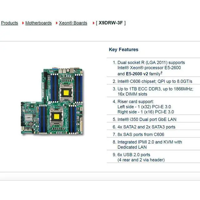 Alt view image 3 of 3 - X9DRW-3F For Two-way Server ATX Motherboard LGA 2011 C606 DDR3 Xeon E5-2600 and E5-2600 v2 Family PCI-E 3.0