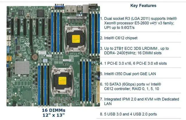 Alt view image 3 of 3 - X10DRH-i For Two-way Server E-ATX Motherboard LGA 2011 Support C612 Xeon E5-2600 v3/v4 Family DDR4 Test