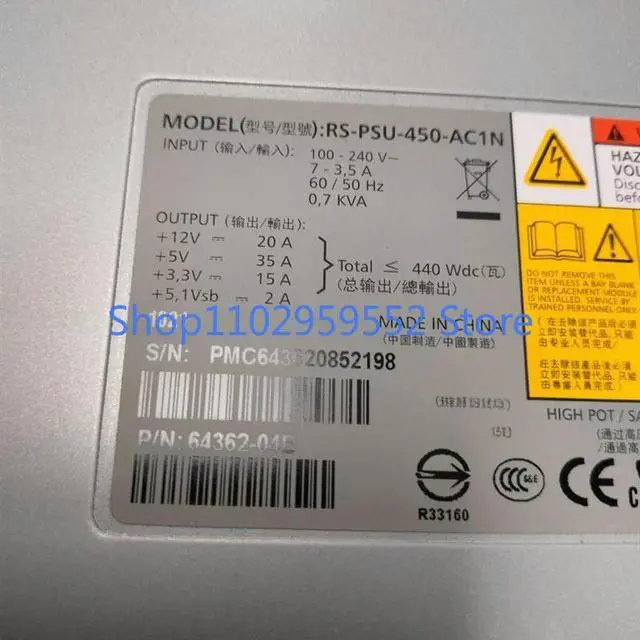 Alt view image 2 of 2 - 1Pcs for FAS270 power supply 114-00021 + A0 64362-04D RS-PSU-450-AC1N