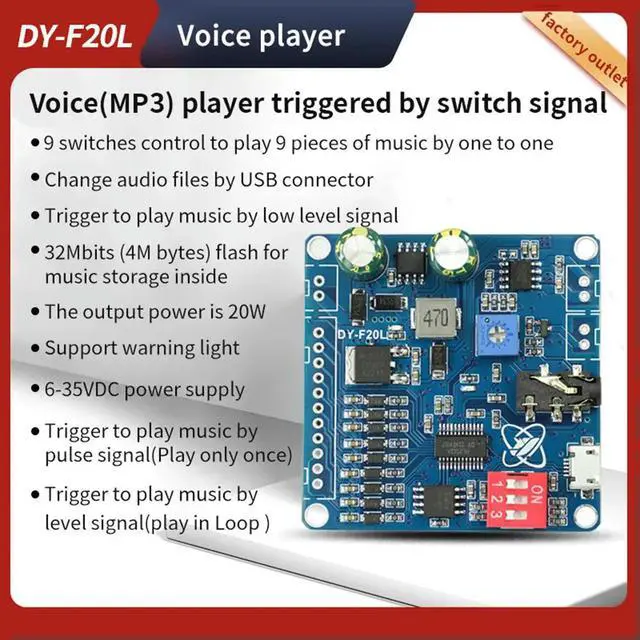 Alt view image 2 of 3 - F20L 12V24V10W20W Voice MP3 Player Module One-To-One Trigger Custom Audio 32M