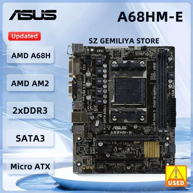 Main image of A68HM-E Motherboard Socket FM2 FM2+ A68H 2×DDR3 PCI-E 3.0 USB3.0 Micro ATX support A8AD7600 Athlon X4 AD850X cpu