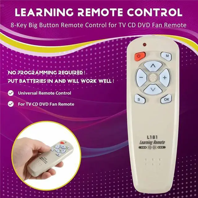 Alt view image 2 of 3 - Universal Infrared Learning Remote Control 8-Key Big Button Learning Type Remote Control for TV CD DVD Fan Remote