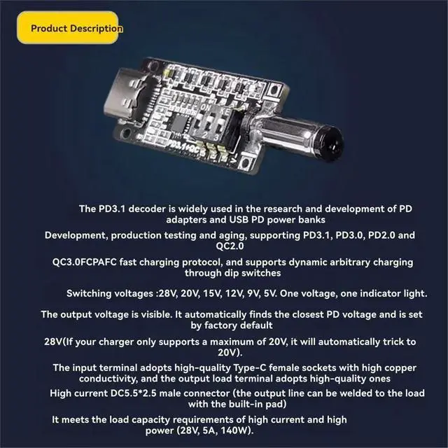 Alt view image 2 of 3 - PD3.1 Fast Charging Protocol Trigger Type C Female Socket 20V28V5A Automatic Deception Power Aging Board