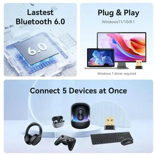 Main image of USB Bluetooth Adapter Bluetooth 6.0 Dongle for PC USB Bluetooth Transmitter Receiver for Keyboard/Mouse