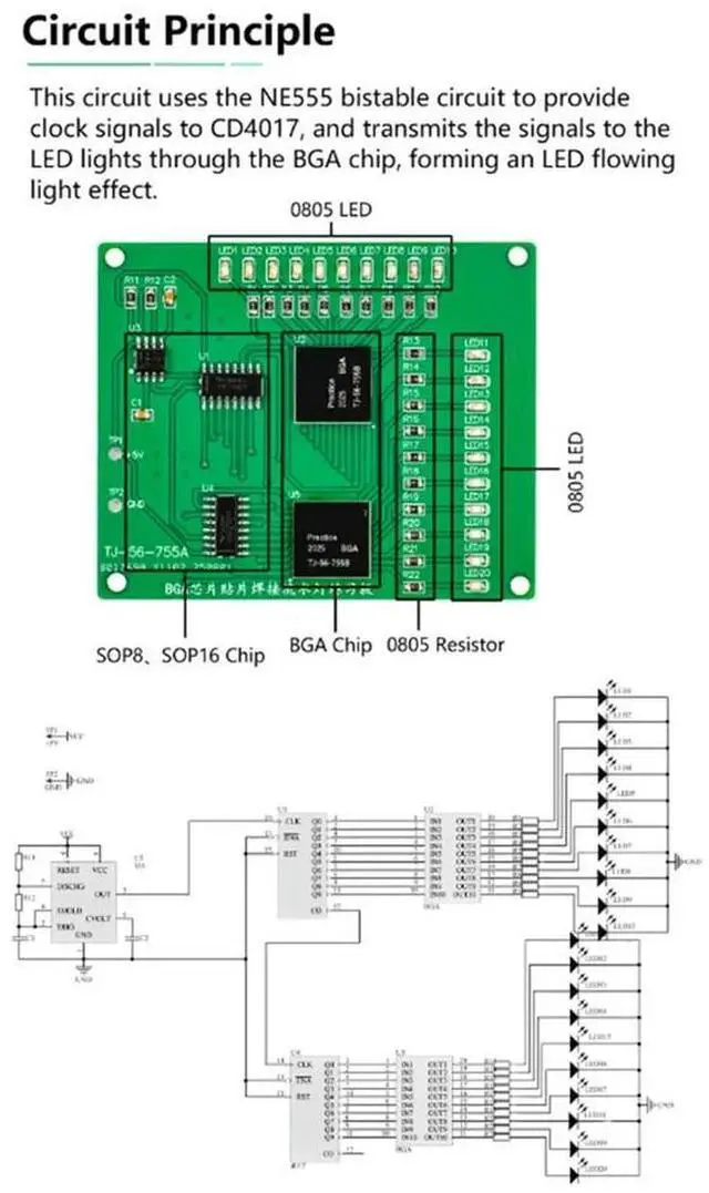 Alt view image 2 of 3 - BGA Chip SMD Component Soldering Practice Board Assembly Kit 555+4017 SMT LED Flowing Light Components