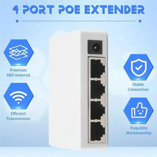 Alt view image 3 of 3 - 4 Port POE Extender 100Mbps 1 in 4 Out 250 Meters Network Switch Repeater IEEE802.3af/At for PoE Switch NVR IP Camera