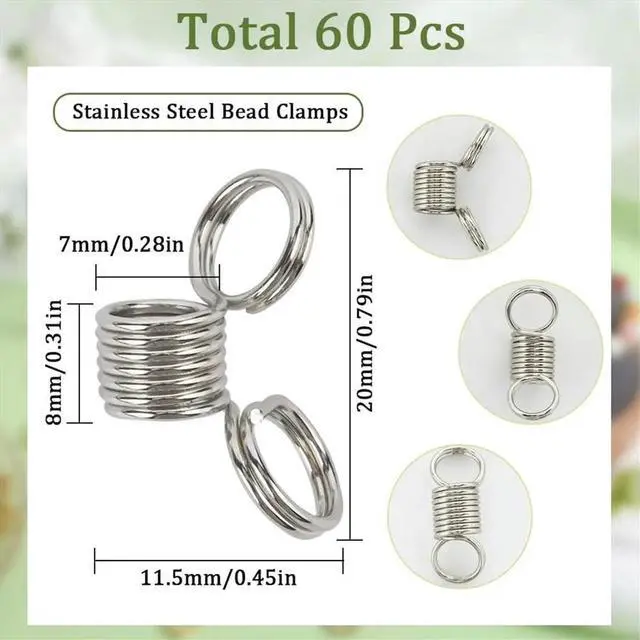 Main image of 60Pcs Stainless Steel Beads Stopper Beads Stoppers Combo Pack Silver Small Spring Clamps Stoppers for Jewelry Making