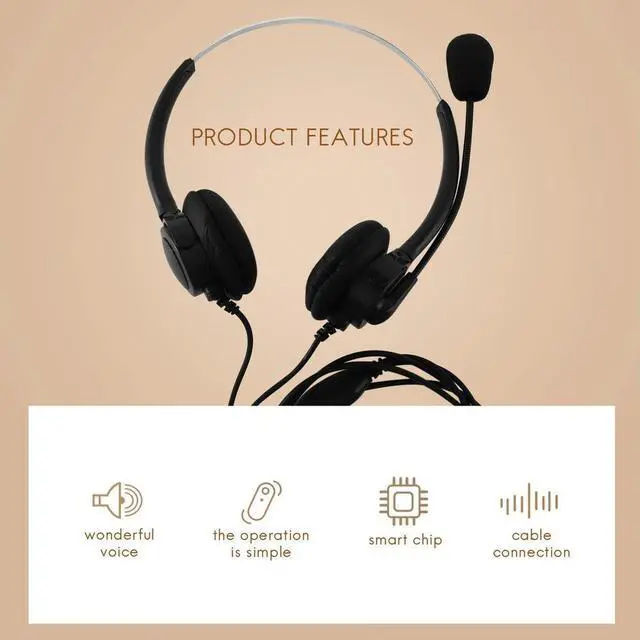 Alt view image 2 of 3 - VH500D RJ9 Bilateral Headphone Hands-Free Call Center Noise Cancelling Corded with Adjustable Mic for Telephone Set
