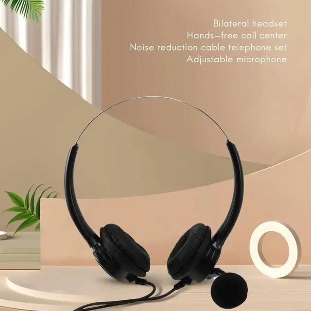 Alt view image 3 of 3 - VH500D RJ9 Bilateral Headphone Hands-Free Call Center Noise Cancelling Corded with Adjustable Mic for Telephone Set