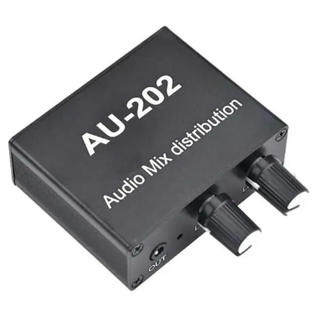 Alt view image 3 of 3 - AU-202 2 Input 2 Output Stereo Mixer Audio Distributor for Headphone External Power AMP Volume Alone Control