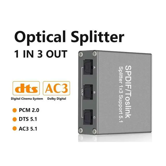 Alt view image 3 of 3 - SPDIF Digital Audio Splitter 1x3 Toslink Optical 3 Way Adapter Suppoort LPCM 2.0 DTS Dolby-AC3 for PS4/TV/Xbox/Amplifier
