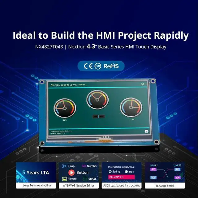 Main image of NEXTION NX4827T043 4.3 LCD HMI Touch Display - TFT Resistive Touch Screen Module Support or Raspberry Pi Project