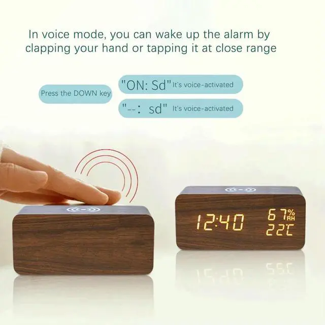 Main image of Digital Alarm Clock, Temperature and Humidity Alarm Clock LED Electronic Clock phone Charger (Wood Color)