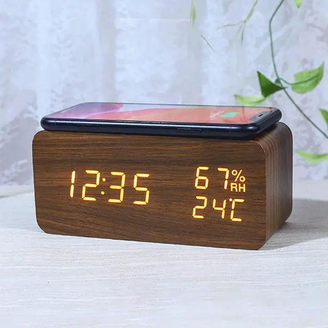 Alt view image 2 of 3 - Digital Alarm Clock, Temperature and Humidity Alarm Clock LED Electronic Clock phone Charger (Wood Color)