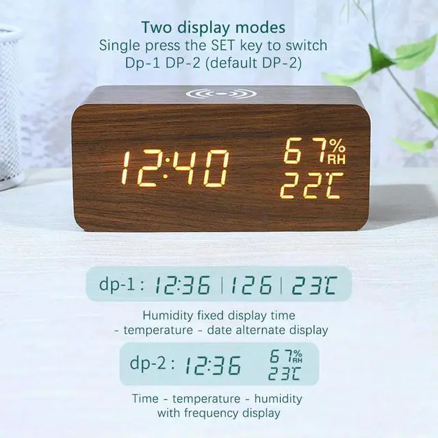 Alt view image 3 of 3 - Digital Alarm Clock, Temperature and Humidity Alarm Clock LED Electronic Clock phone Charger (Wood Color)