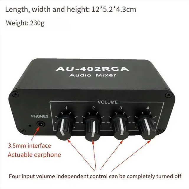 Main image of AU-402RCA Stereo Audio Mixer Multi-Channel Audio Source Reverberator Volume Control 3.5mm Headphone Driver 4 Input