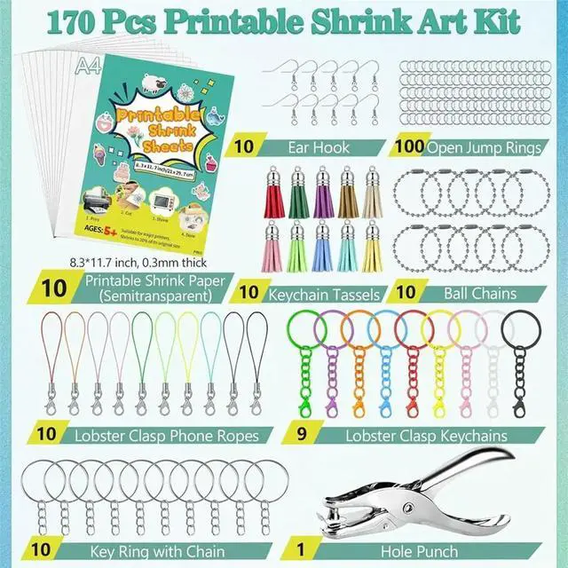 Main image of 170 Pcs Printable Shrink Dink Sheets Kit,A4 Semitransparent Plastic Shrink Dink Printer Papers, Kids DIY Keychain Making
