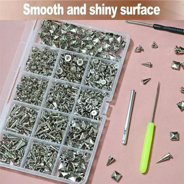 Main image of 600 PCS Punk Studs and Spikes Kit,8 Size Cone Spikes and Square Pyrami Studs for Clothing,l Tree Spikes Studs