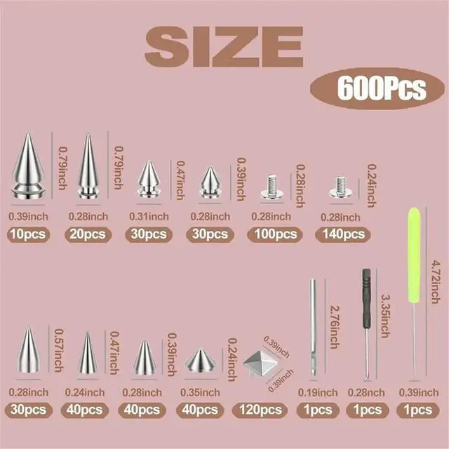 Alt view image 2 of 3 - 600 PCS Punk Studs and Spikes Kit,8 Size Cone Spikes and Square Pyrami Studs for Clothing,l Tree Spikes Studs
