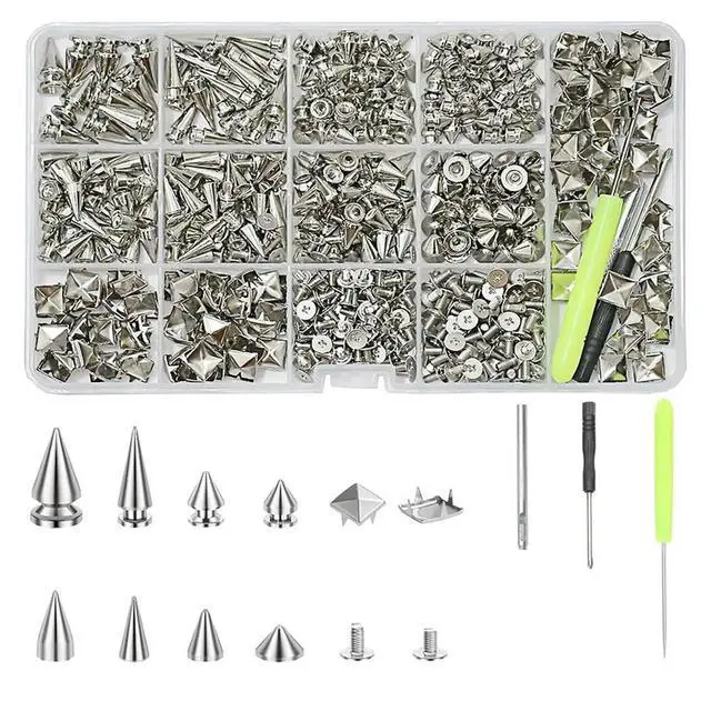 Alt view image 3 of 3 - 600 PCS Punk Studs and Spikes Kit,8 Size Cone Spikes and Square Pyrami Studs for Clothing,l Tree Spikes Studs