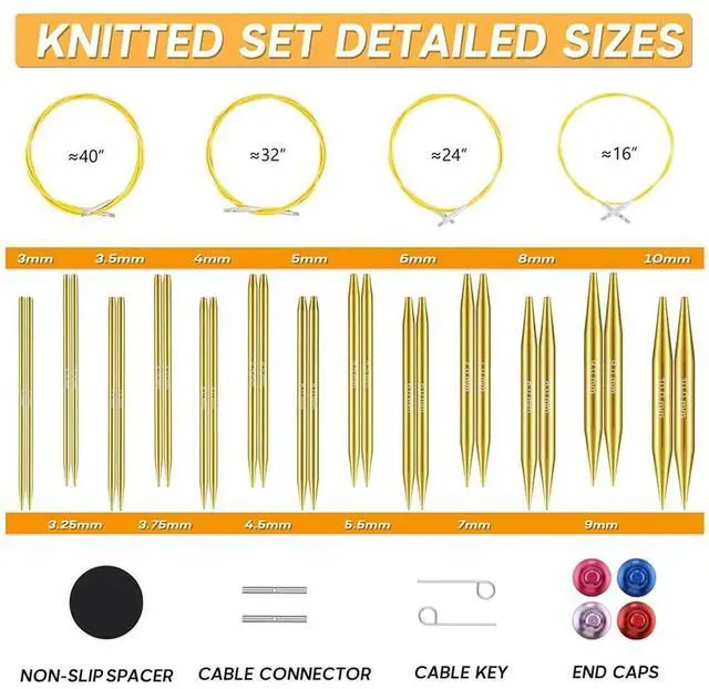 Main image of Interchangeable Circular Knitting Needles Set, 13 Pairs (3mm-10mm) US 2.5-15 with 16, 24, 32, 40 Inch Cables,Accessories
