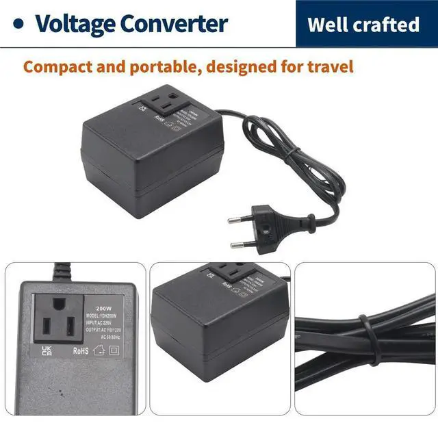 Main image of 200W Voltage Converter Transformer EU to US - Step-Down Transformer 220V to 110V Single Phase Travel Adapter EU Plug