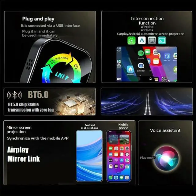 Main image of Carplay Adapter 4in1 Airplay/Mirror Link/Carplay/Android Auto USB Dongle AI Box Wired Carplay to B