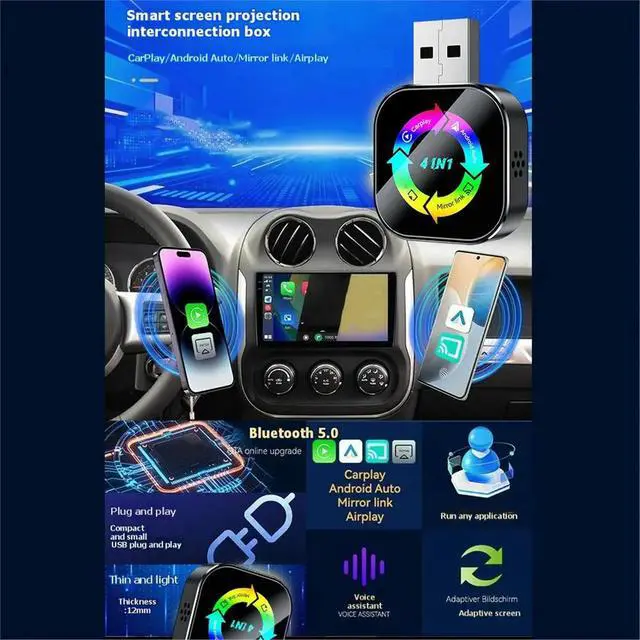 Alt view image 2 of 3 - Carplay Adapter 4in1 Airplay/Mirror Link/Carplay/Android Auto USB Dongle AI Box Wired Carplay to B