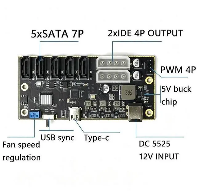 Main image of Type-C to 5 SATA Hard Disk External HDD SSD Expansion Card Hard Disk Data Card DC Power Supply Module