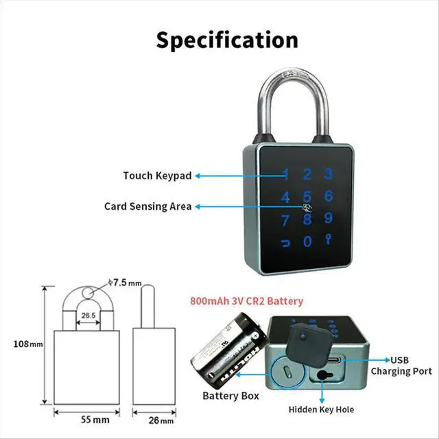 Alt view image 3 of 3 - TTLock Password Bluetooth Padlock Touch Screen RFID IC Card Key Home Security Waterproof Cabinet Electronic Padlock