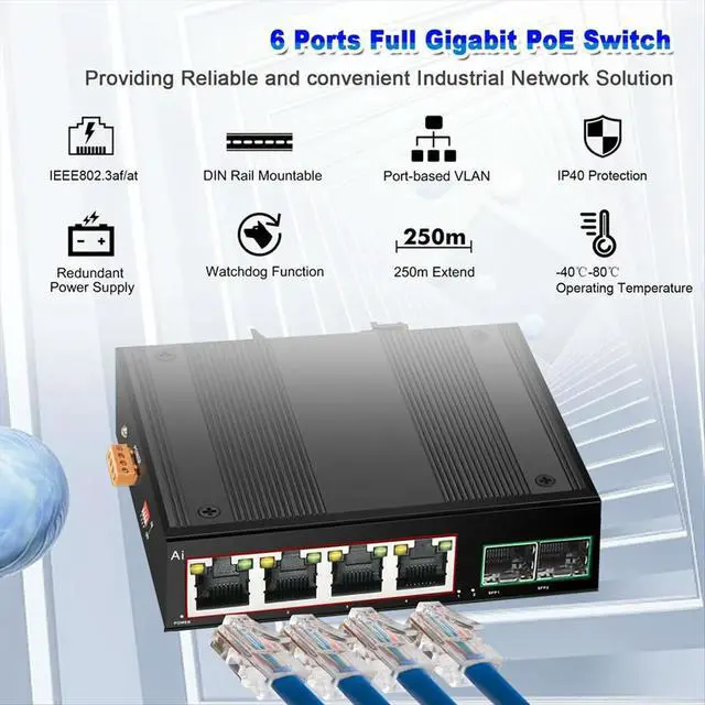 Alt view image 3 of 3 - Industrial POE Switch Gigabit Switch Ethernet with 6x100/1000mbps Port Base-T Din IP40 Network Switch DC44-55V