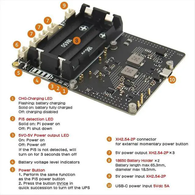Alt view image 3 of 3 - For Raspberry Pi 5 UPS, X1201 V1.1 Power Management Board with Auto Power on for Pi 5