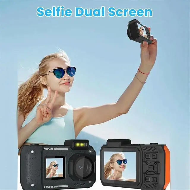 Alt view image 3 of 3 - Waterproof Camera 4K 65MP Underwater Camera with 64G Card, for Snorkeling Autofocus Selfie Dual-Screen Black