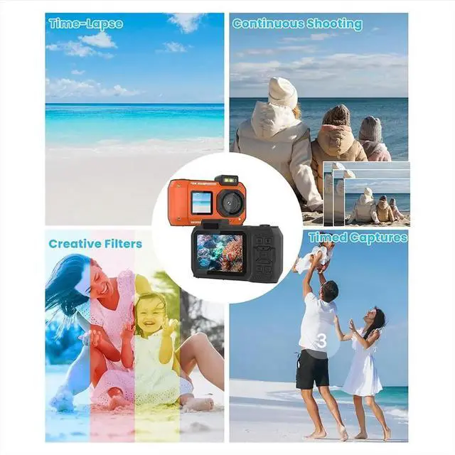 Main image of Waterproof Camera 4K 65MP Underwater Camera with 64G Card, for Snorkeling Autofocus Selfie Dual-Screen Black
