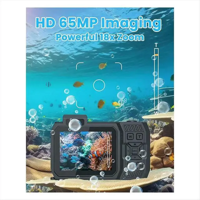 Alt view image 2 of 3 - Waterproof Camera 4K 65MP Underwater Camera with 64G Card, for Snorkeling Autofocus Selfie Dual-Screen Black