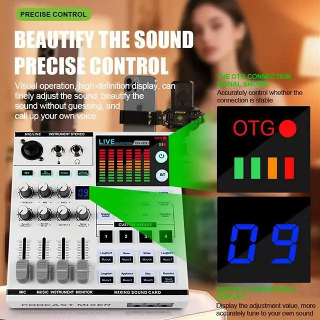 Alt view image 3 of 3 - SN800 Live Sound Card Voice Changer Audio Mixer for Broadcast Recording KTV Music Audio Multifunctional Live Sound Card