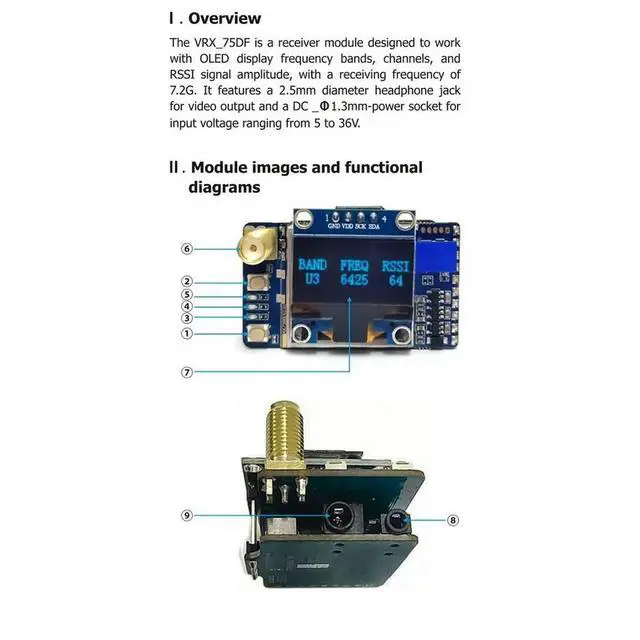 Alt view image 2 of 3 - VRX-75DF 6.1-7.2 GHz 64-Channel FPV Analog Video Receiver for FPV Drones Low Latency Diversity Video Receiving Module