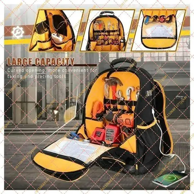 Main image of Heavy-Duty Oxford Tool Backpack, Hard Bottom & Multi-Pocket Tool Organizer