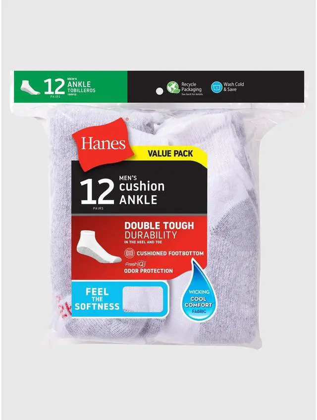 Alt view image 2 of 7 - Hanes Men's Double Tough Durability Ankle Socks, Big & Tall, 12-Pack, Size 12-14