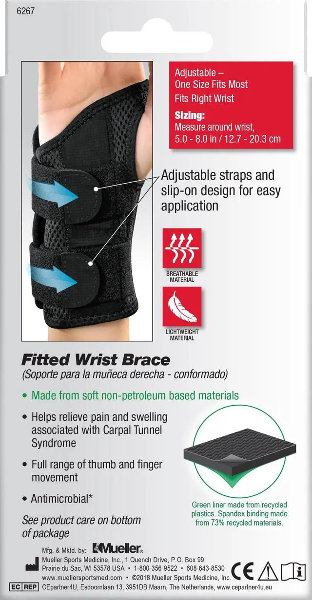 Alt view image 6 of 6 - Mueller Green Fitted Wrist Brace, Right Hand, Unisex, One Size Fits Most, Black