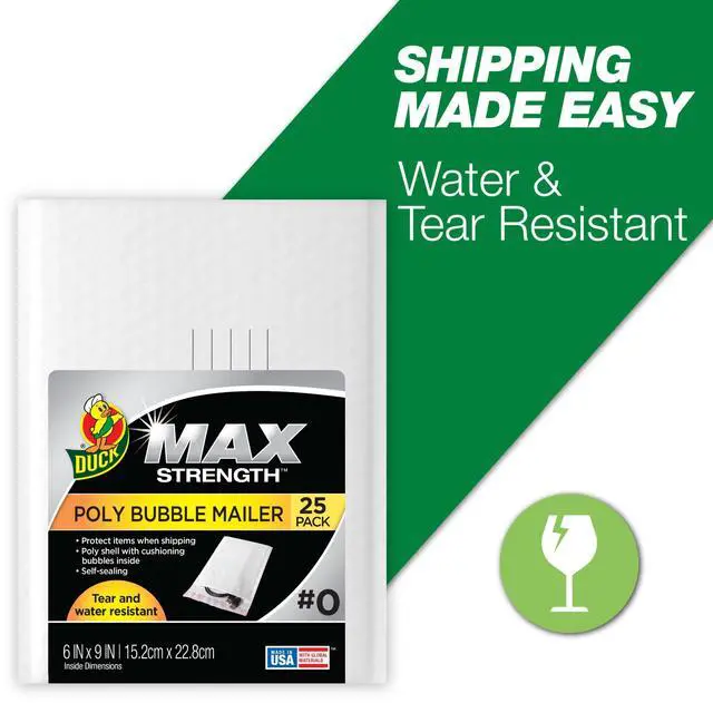 Main image of Duck Max Strength Self-Sealing Poly Bubble Mailer #0, 6" x 9", Solid White, 25 Pack