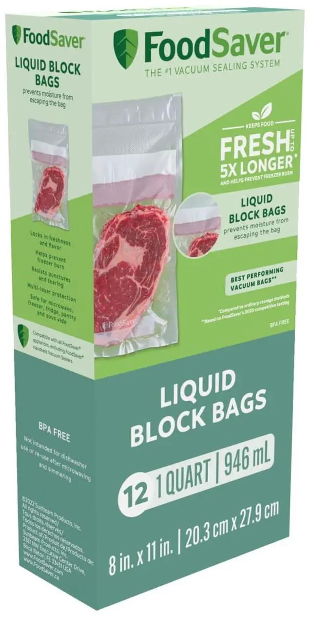 Main image of FoodSaver Liquid Block Vacuum Seal Bags, 1 Quart, 8" x 11", 12 Count
