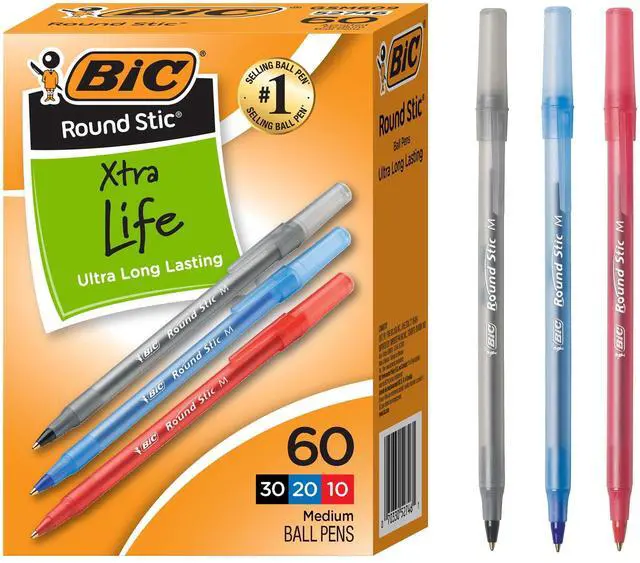 Main image of BIC Round Stic Xtra Life Assorted Ink Ballpoint Pens, Medium Point, 1.0mm, 60 Count