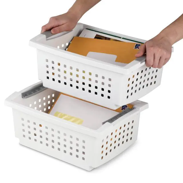 Alt view image 7 of 7 - Sterilite Medium Stacking Basket, Open Plastic Bin, Space Saving Organizers, White