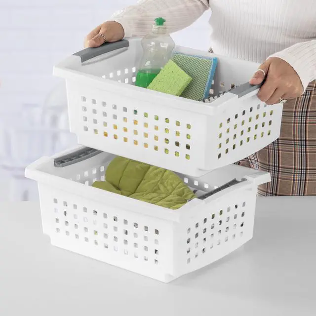 Alt view image 6 of 7 - Sterilite Medium Stacking Basket, Open Plastic Bin, Space Saving Organizers, White