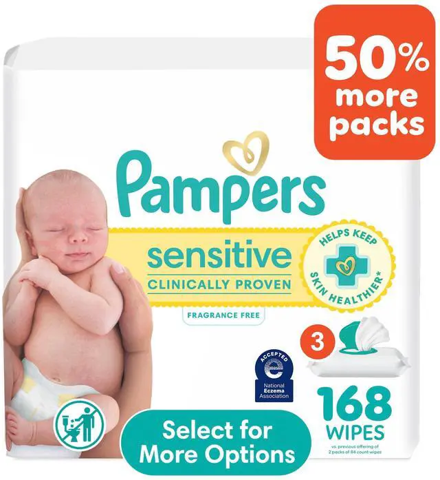 Main image of Pampers Sensitive Baby Wipes Unscented, 3-Pack, 168 Total Count (Select for More Options)