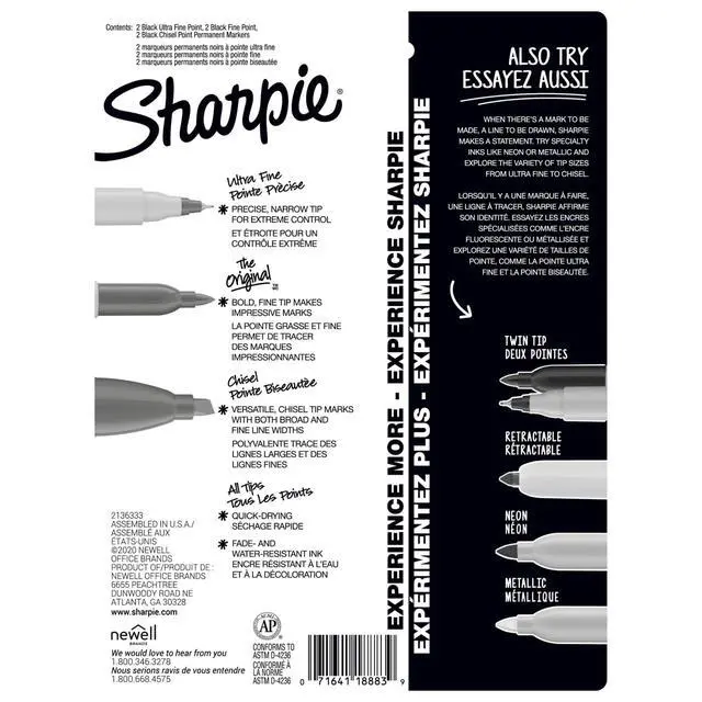 Alt view image 2 of 6 - Sharpie Permanent Markers, Multi-Tip Pack, Fine/Ultra Fine/Chisel Tip, Black, 6 Count