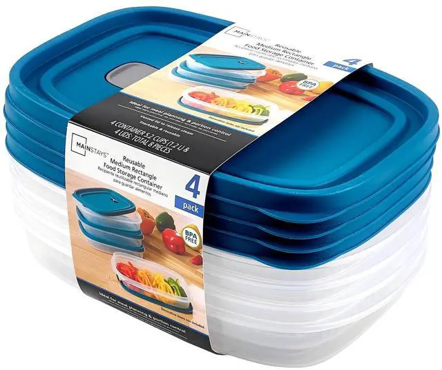 Main image of Mainstays Reusable Food Storage Container, Medium Rectangle, Plastic, 4-Pack, 4 Containers with Lids, 5.2 Cups, Ideal for Meal Planning